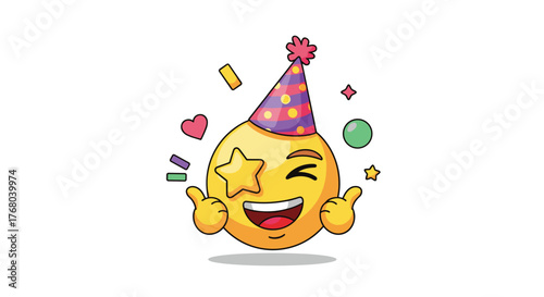 A joyful yellow emoji in a colorful party hat, winking with a star eye, giving two thumbs up, surrounded by confetti, signifying celebration and success.