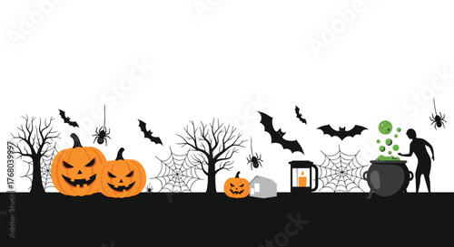 Halloween night scene with glowing jack-o'-lanterns, flying bats, scary spiders, bare trees, and a figure preparing a bubbling potion.