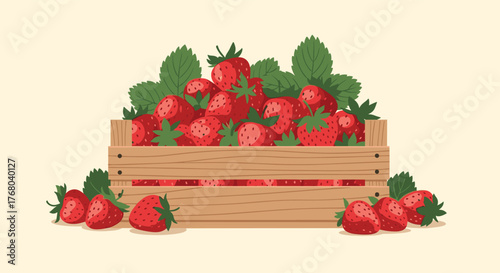 An illustration of a rustic wooden crate overflowing with ripe, red strawberries and green leaves, with some berries scattered on the ground.