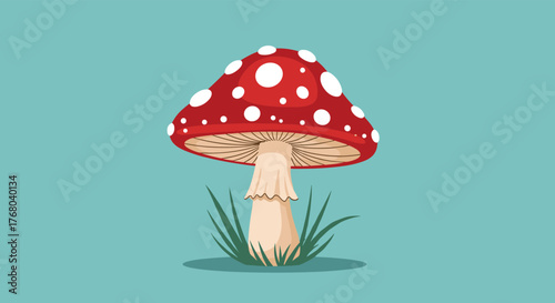 A charming vector illustration of a red toadstool with white spots and green grass, set against a clean teal background.