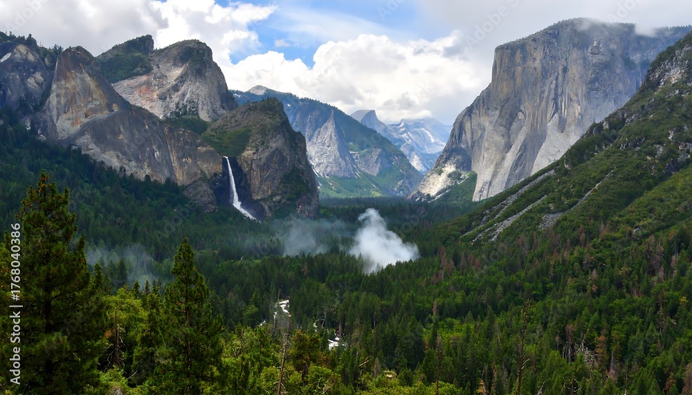 Fototapeta premium A breathtaking panorama of a lush valley enclosed by towering rock formations, with a cascading waterfall and soft clouds