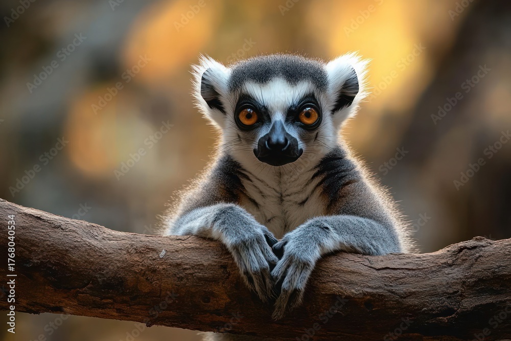 Naklejka premium Curious lemur with bright orange eyes clinging to a tree branch in a natural blurred background setting
