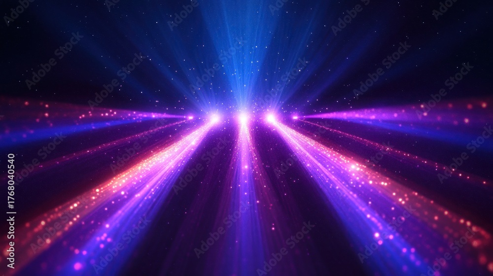 Fototapeta premium Bright beams of blue and purple light radiating outward with sparkling particles creating a vibrant glowing effect