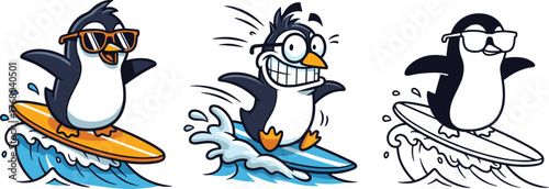 Cool Cartoon Penguin Surfing on a Wave Vector Illustration Set