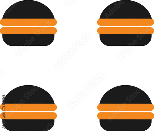 Vector illustration simple black and orange burger slice design icons in a grid silhouette. 