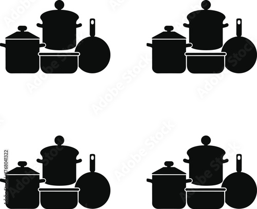 Vector collection of kitchen cookware pots pans and skillets in a simple silhouette style. 