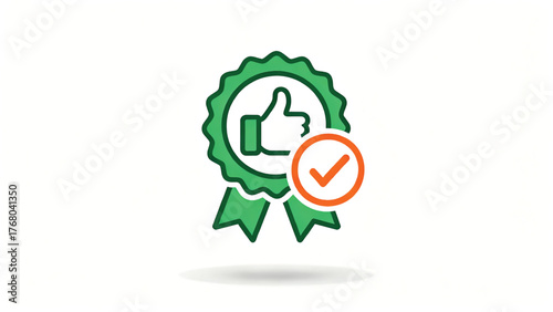 Vector illustration of award or seal with thumb up and check mark. Symbol of best practice