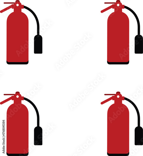 Vector red fire extinguishers arranged in a grid against a white background illustration. 