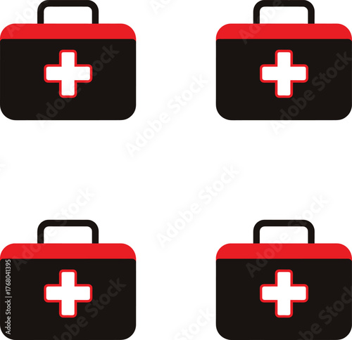 Vector illustration identical red and black first aid kits with white crosses on a white background. 