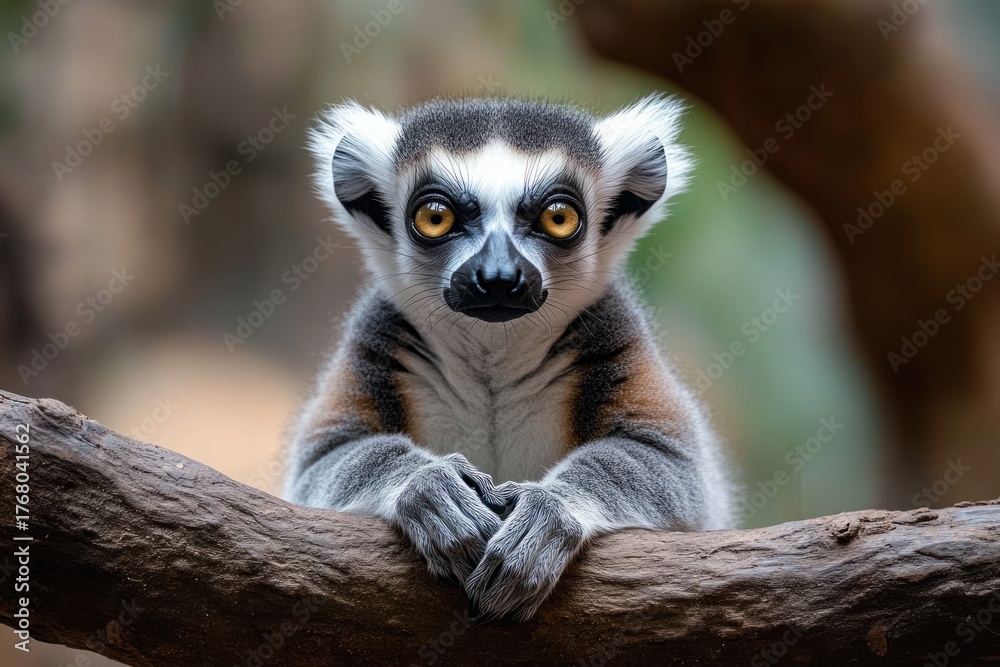 Obraz premium A close-up of a curious ring-tailed lemur resting its arms on a tree branch while looking directly ahead with bright amber eyes
