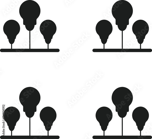 Vector identical arrangements of stylized led light bulbs silhouettes on a white background illustration. 