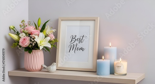 Elegant Mothers Day Still Life with Flowers and Candles.