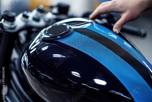 Close-up of a shiny motorcycle fuel tank with black and blue stripes and a hand resting on the handlebar, highlighting the sleek design and craftsmanship