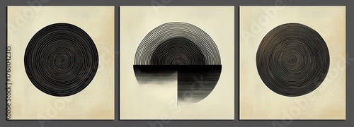 Three minimalist black and white circular abstract art prints with concentric lines and geometric patterns on beige textured backgrounds