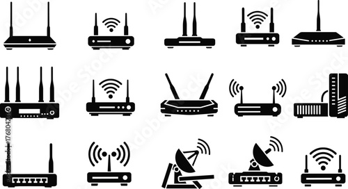 Wireless router modem satellite dish server icons, internet connection technology devices, WiFi signal equipment, communication hardware, cad drawing flat vector illustration