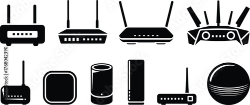 Wireless router modem wifi signal icons, broadband internet devices, network hardware equipment, communication technology, antenna server, cad drawing flat vector illustration