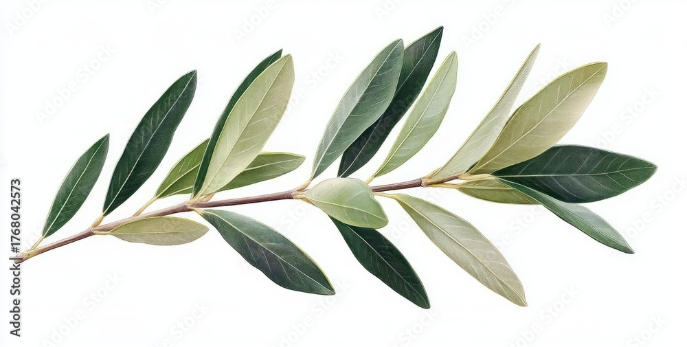 Naklejka premium Close-up of a slender branch with multiple elongated green and pale leaves arranged alternately on a thin brown stem against a white background