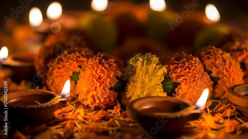 raditional Diwali Decoration with Marigold Flowers and Oil Lamps