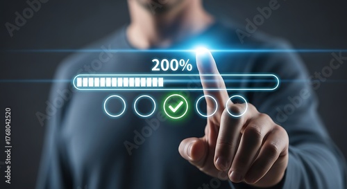 Success achieved, full completion and exceeding expectations, a progress bar indicating 200% achievement and task completion status