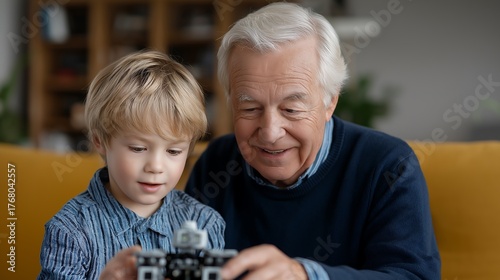 Grandfather and young boy collaborate on building a small mechanical toy while sitting on a yellow sofa in a brightly lit residential interior setting.