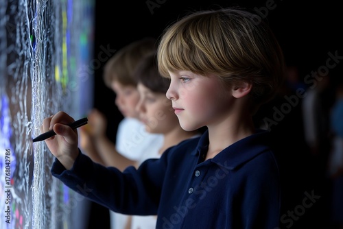Student uses a digital pen to interact with a glowing touchscreen display, highlighting the integration of advanced tools in contemporary creative and educational settings.