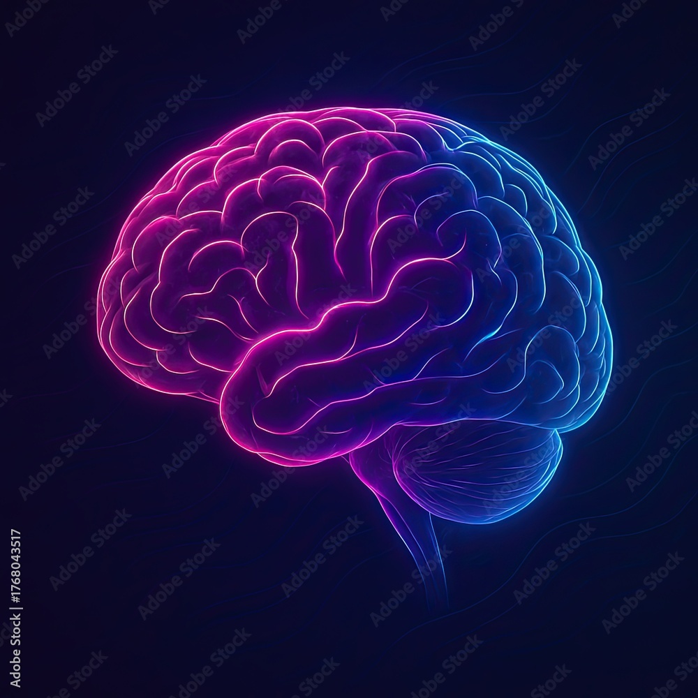 Fototapeta premium Vibrant neon brain illustration on dark background.