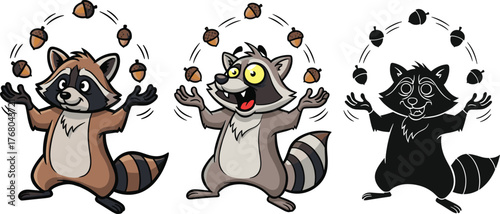 Funny Cartoon Raccoon Juggling Acorns Vector Illustration Set