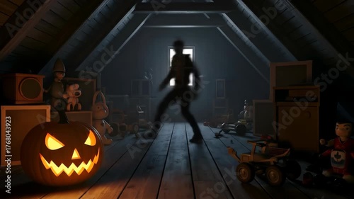 A spooky attic setting with a glowing jack-o’-