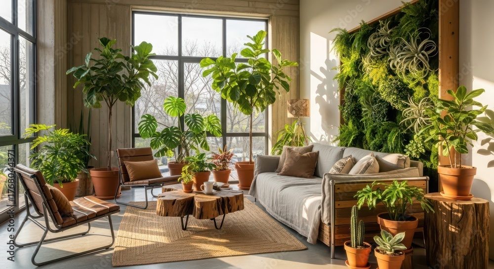 Fototapeta premium Lush indoor oasis with vertical garden and abundant natural light creating a serene living space