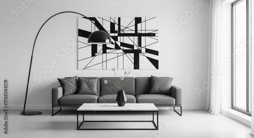 Fototapeta Naklejka Na Ścianę i Meble -  Modern living room with sleek sofa contemporary art and arc floor lamp for stylish interior design inspiration