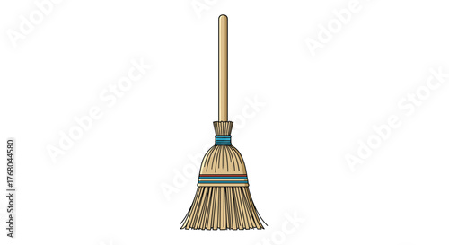 A traditional straw broom with a light brown wooden handle and colorful decorative bands, depicted in a clean, isolated illustration against a white background.