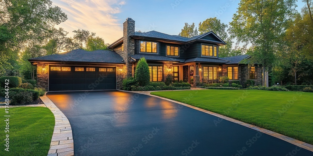 Fototapeta premium Modern two-story house with warm interior lights, stone chimney, surrounded by green manicured lawn and trees during dusk