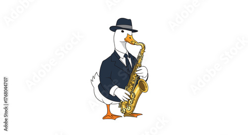 A dapper cartoon goose in a suit and fedora hat stands elegantly while playing a shiny golden saxophone, depicted on a clean white background.