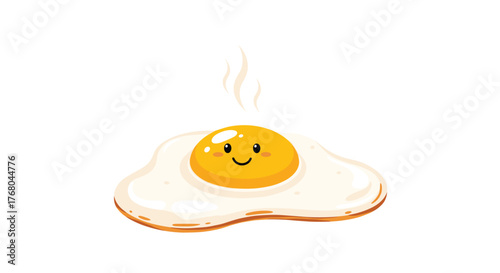 A cheerful and freshly cooked cartoon fried egg with a happy face, emitting steam, presented on a clean white background for breakfast.