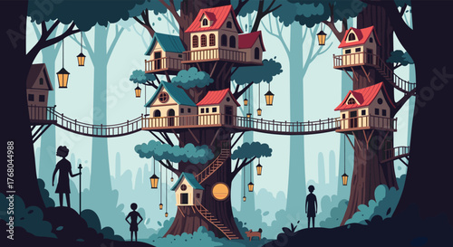 A magical tree village nestled in a tranquil forest, showcasing colorful treehouses, connecting bridges, and hanging lanterns, with silhouetted figures.