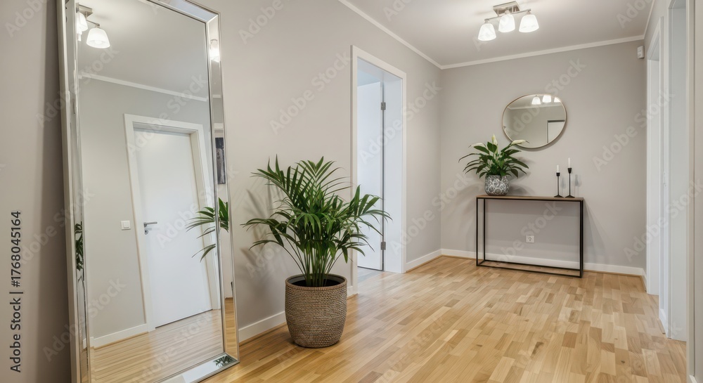 Fototapeta premium Elegant hallway interior design with large mirror warm wood floors and lush green plants creates inviting atmosphere