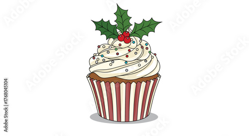 Festive Christmas cupcake with white frosting, colorful sprinkles, and holly decoration, set against a clean white background.