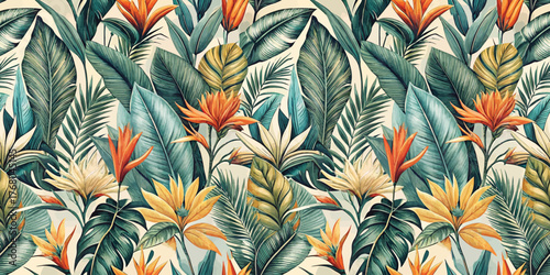 Vibrant tropical foliage featuring exotic flowers and lush leaves in warm colors.