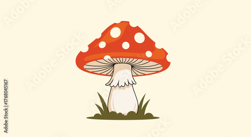 A charming cartoon illustration depicts a classic red and white spotted mushroom growing in green grass on a light cream background.