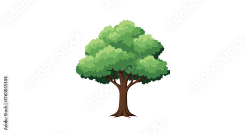 A vibrant green cartoon tree stands alone against a clean white background, showcasing its broad canopy and sturdy brown trunk.