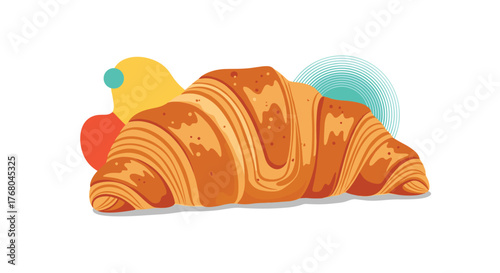 A charming vector illustration of a freshly baked golden-brown croissant, presented on a white background with abstract colorful accents.