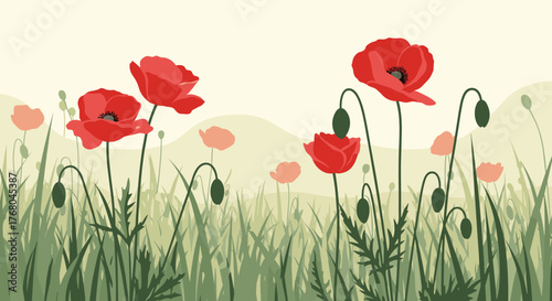 Vibrant red poppy flowers and buds stand tall amidst lush green grass in a scenic field, with gentle hills under a bright sky.