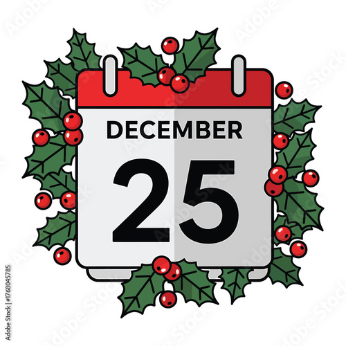 Christmas day calendar with holly wreath around it
