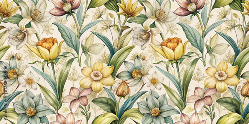 A vibrant floral pattern featuring various blossoms in soft pastels and rich colors, exuding elegance.