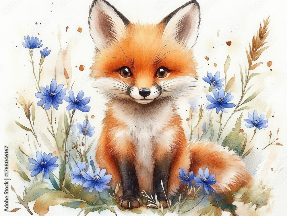 Obraz premium Adorable young orange fox sitting surrounded by delicate blue flowers and soft greenery with a gentle and curious expression