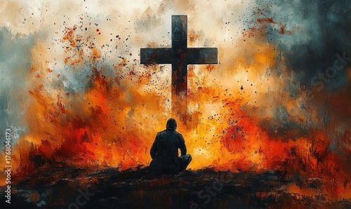 A person sitting contemplatively before a large cross surrounded by dramatic fiery and smoky clouds, evoking emotions of reflection and solemnity