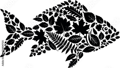 Artistic fish silhouette crafted from diverse natural leaf patterns, a symbol of organic aquatic life and ecological harmony