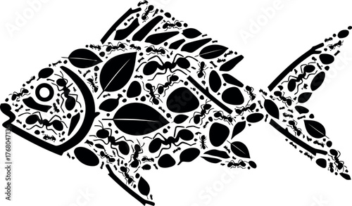 Fish Composition with Leaves, Ants, and Microscopic Organisms Illustration