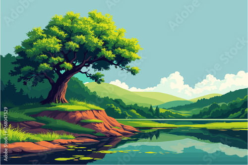 Lush green landscape reflecting in serene lake, nature's beauty, calming scenery for peaceful escape and relaxation