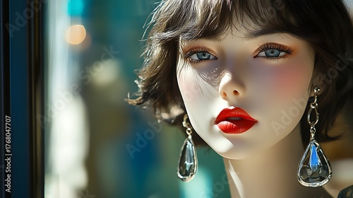 Portrait of a beautiful mannequin with red lipstick and teardrop earrings